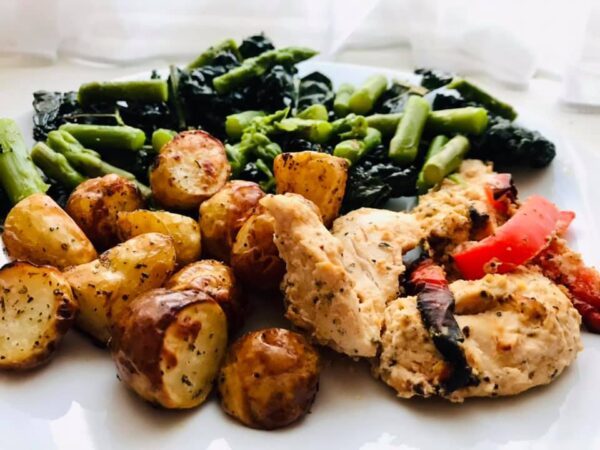 lemon chicken, rosemary potatoes and greens