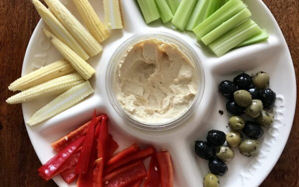 Gut healthy sharing snacks - with Olives, Pepper, Celery, Corn and Hummus.